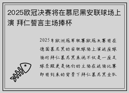 2025欧冠决赛将在慕尼黑安联球场上演 拜仁誓言主场捧杯 2025欧冠决赛将在慕尼黑安联球场上演 拜仁誓言主场捧杯